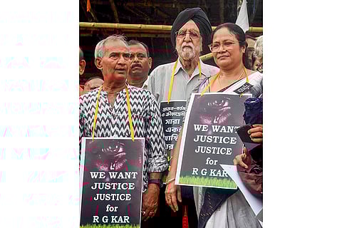 Kolkata rape-murder case: Former footballer Gautam Sarkar (left), former hockey player Gurbux Singh (centre) and former athlete Jyotirmoyee Sikdar (right) during a protest